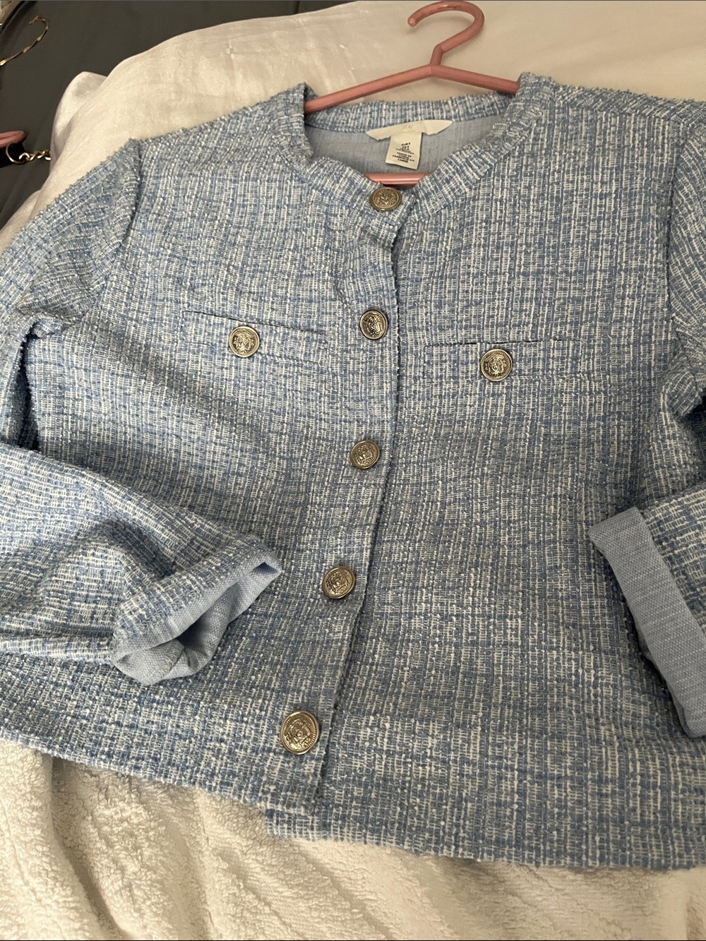 H&M Light Blue Tweed Buttoned Boxy Jacket - Picture 2 of 12